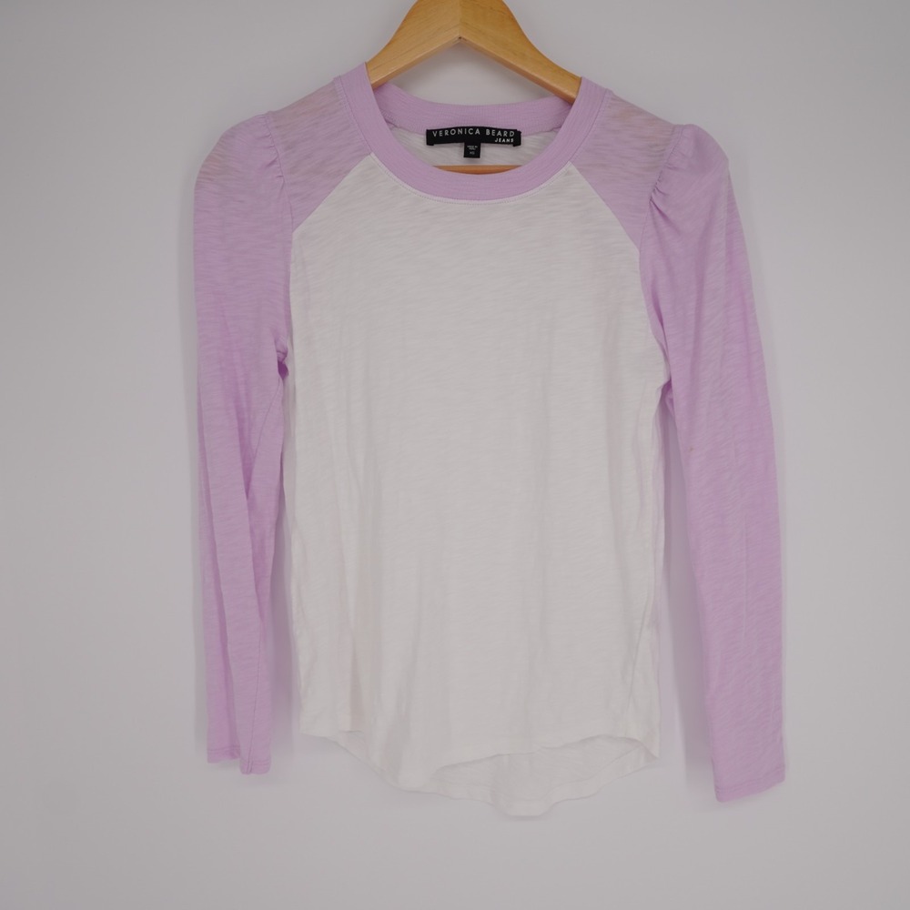 Veronica Beard Mason Baseball T Shirt XS White Lavender Puff Long Sleeve Cotton - Picture 10 of 11